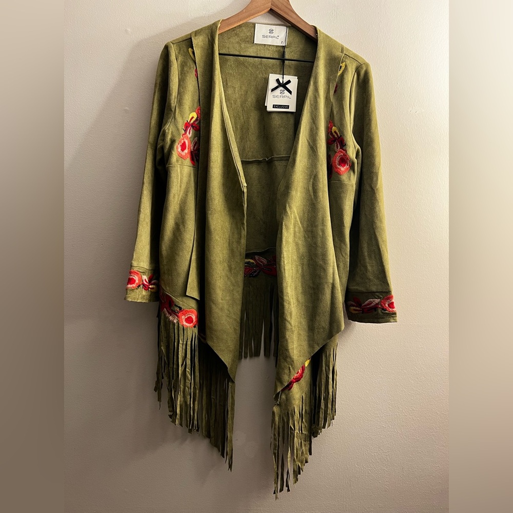 Serpil green floral embroidery faux suede open front Fringe jacket artsy
